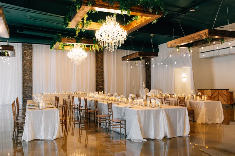 Solara Hall at The Arabella, set with chandeliers and draping